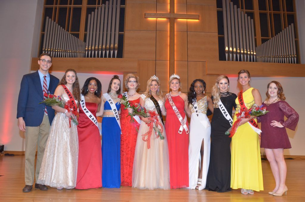 Shelby Stringer, sixth from left, was crowed Campbellsville University’s 2016 Valentine Queen. Others participating and working with the pageant from left include: Aaron Nosich, president of the Student Government Association; Natalie Turner, second runner-up; Guerdine Smith, Best Poise and Appearance Award; Katelyn Howell; Sarah Fanning, Miss Congeniality Award and Best Talent Award; Stringer; Blessing Eke; Tiffany Young, MacKenzie Arrasmith, first runner-up who won Best Interview Award, and Jesslyn McCandless, vice president of the Student Government Association. (Campbellsville University Photo by Tomomi Sato)