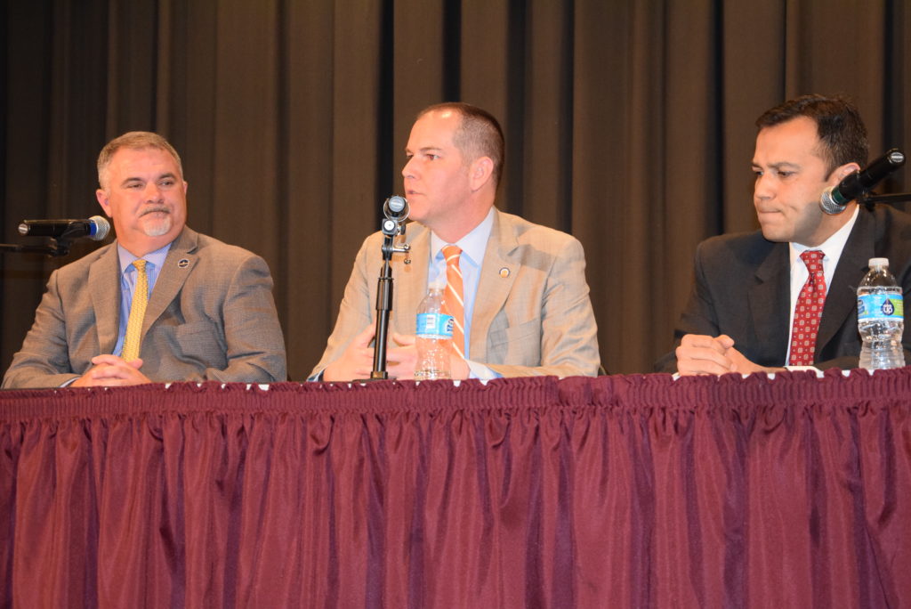 Kentucky House Representative John “Bam” Carney, from left, Max Wise, Kentucky State Senator, and Ralph A. Alvarado, Kentucky State Senator, discuss this past year’s legislative session at a Kentucky Heartland Institute on Public Policy event at Campbellsville University’s Gheens Recital Hall. (Campbellsville University Photo by Josh Christian)