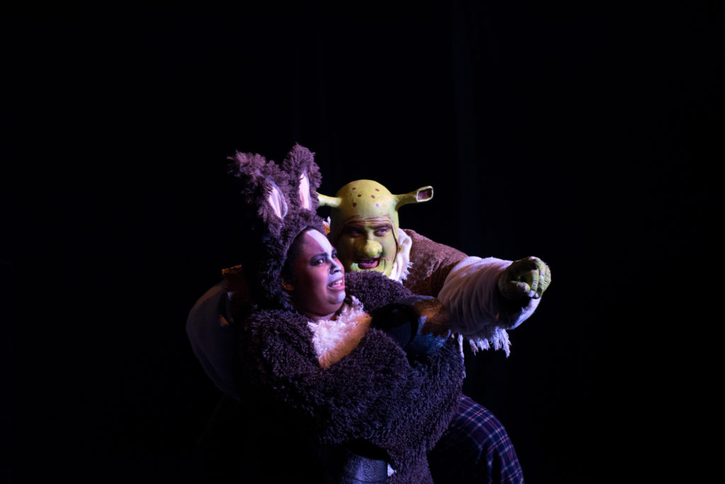 From left Donkey, played by Alica McClendon of Radcliff, Ky., and Shrek, played by Marcus Stanfield of Campbellsville, Ky., perform during Shrek The Musical at Campbellsville University. (Campbellsville University Photo by Joshua Williams)
