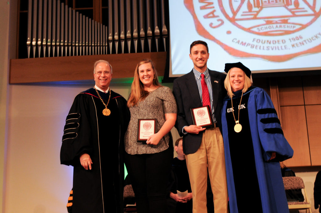 Hannah Sadler of Campbellsville, Ky., second from left, and Aaron Nosich of Radcliff, Ky., third from left, were awarded with the Mr. and Miss Campbellsville award by Dr. Michael V. Carter, president, first from left, and Dr. Donna Hedgepath, vice president for academic affairs, during the Honors and Awards Day at Campbellsville University. (Campbellsville University Photo by Joshua Williams)
