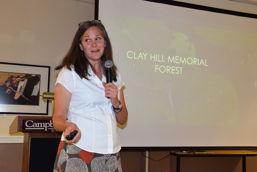 Amy Berry, instructor of environmental science at Campbellsville University and environmental educator at the Clay Hill Memorial Forest, speaks at the Campbellsville University’s Women’s Alliance, about Clay Hill Memorial Forest. (Campbellsville University Photo by Josh Christian)