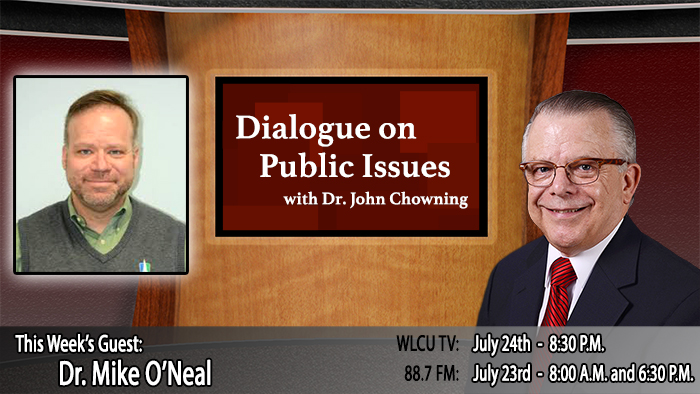 Campbellsville University’s Dr. John Chowning, executive assistant to the president of Campbellsville University for government, community and constituent relations, interviews, Dr. Mike O’Neal, assistant professor of Theology at Campbellsville University, for his “Dialogue on Public Issues” show. The show will air the following times: on WLCU-TV, Campbellsville University’s cable channel 10 and digital channel 23.1, Monday, July 24 at 8:30 p.m. and Sunday, July 23 at 8 a.m. and 6:30 p.m. on 88.7 The Tiger radio.