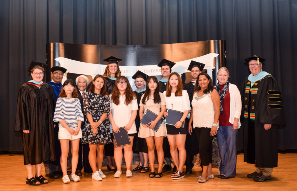 Intensive English Learning Program (IELP) certificates were awarded to five South Korean students. From left are: Front row -- Chaeyeon Kim; So Youn Min; Seonwoo You; Hye Su Cho; Jinseo Baek; Raquel Cunha, secretary for ESL; Dr. Donna Hedgepath, provost and vice president for academic affairs; and Dr. H. Keith Spears, vice president for communication and assistant to the president. Back row -- Dr. Mego Haralu, director of international education; Andrea Giordano, executive director for ESL; Vicky Campbell, adjunct ESL instructor; Tim Hooker, ESL programs director; and Bobby Parrish, adjunct ESL instructor. (Campbellsville University Photo by Joshua Williams) 