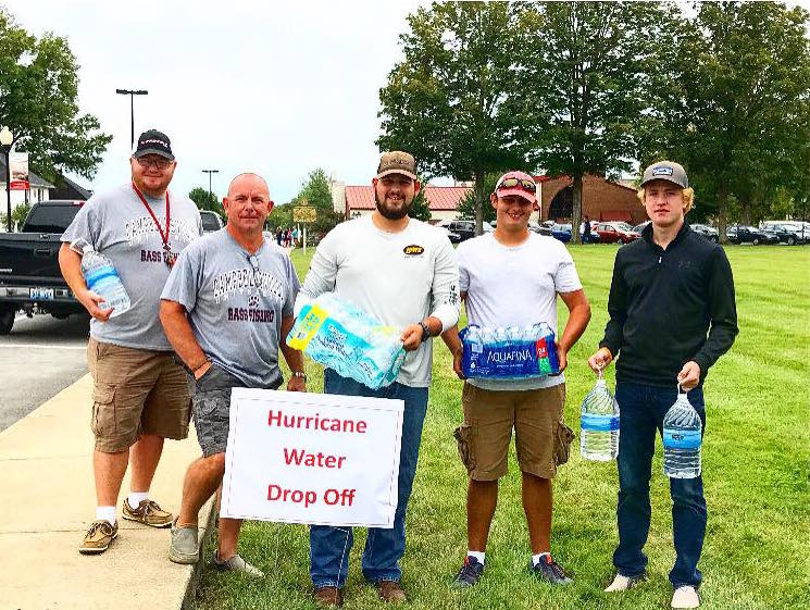 Members of the CU Bass Fishing Team are receiving bottled water to be sent to the Hurricane Harvey and Irma impact areas. (From left, Travis Hunt, Pete Hedgepath (bass fishing Heath coach ), Adam Carman, Levi Neathery, Tray Hardwick)