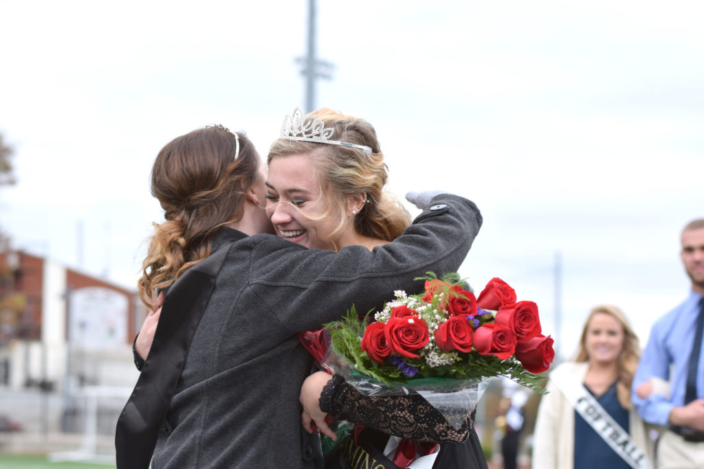 Jesslyn McCandless, left, 2016 Homecoming queen congratulates Rachel Mobley on becoming the 2017 Homecoming queen at Campbellsville University. (Campbellsville University Photo by Ariel Emberton)