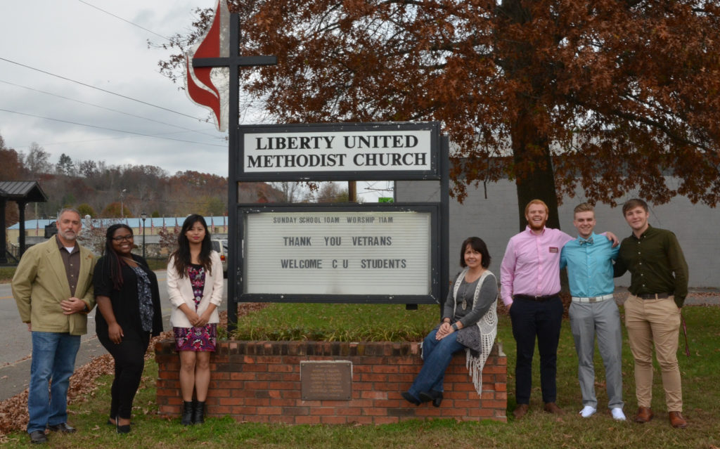 Students from Church Outreach at Liberty United Methodist Church, with the pastors, include from left: Pastor Rodney Koger; Tanisha Bruce, junior, testimony student from Danville, Ky.; Chimrila Quinker, freshman vocalist from India; Pastor Kim Koger, Devan Bishop, church outreach music coordinator; Connor Mattingly, freshman vocalist from Lebanon, Ky., and Milam Watkins, freshman preacher from Russellville, Ky.<br />