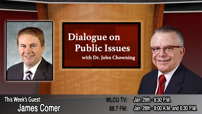 Campbellsville University's Dr. John Chowning, executive assistant to the president of Campbellsville University for government, community and constituent relations, interviews, James Comer, United States Congressman, for his "Dialogue on Public Issues" show. The show will air the following times: on WLCU-TV, Campbellsville University's cable channel 10 and digital channel 23.1, Monday, Jan. 29 at 8:30 p.m. and Sunday, Jan. 28 at 8 a.m. and 6:30 p.m. on 88.7 The Tiger radio.